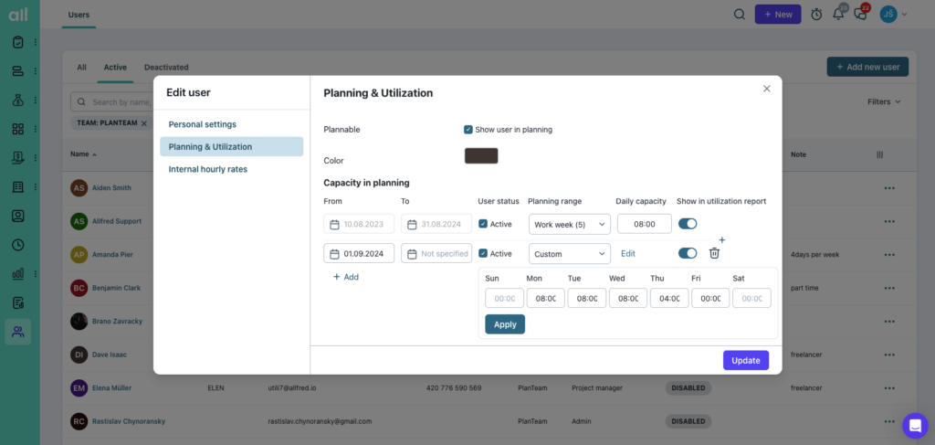 Learn how to manage user settings in Allfred, including personal details, planning & utilization, and internal hourly rates.