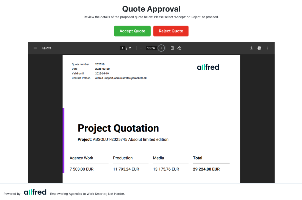allfred quote approval by client
