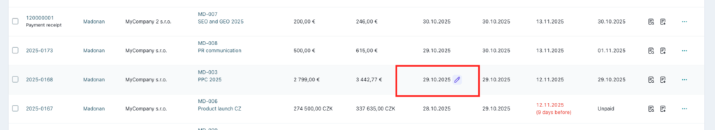 quick date editing on issued invoices